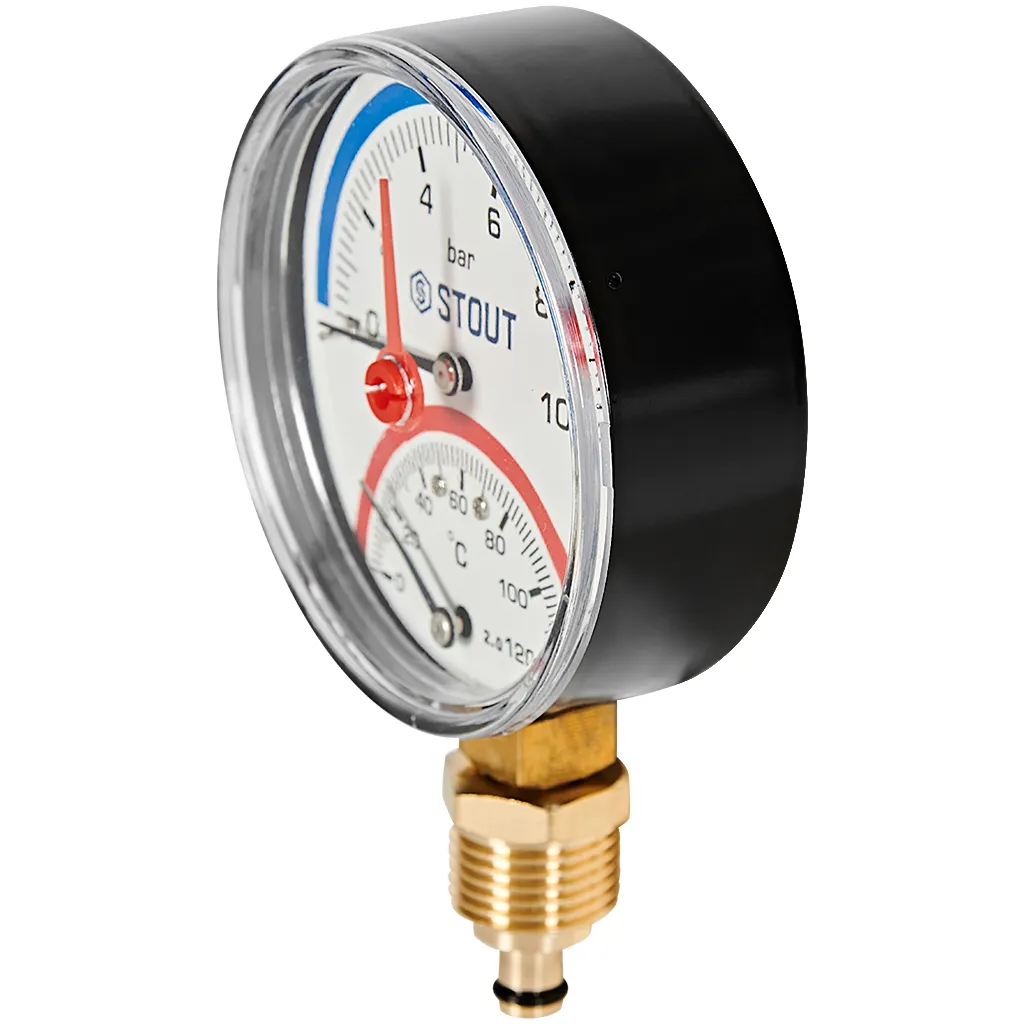 Термоманометр радиальный Stout 80 мм, 0-10 бар, 0-120C, подключение 1/2 Термоманометр радиальный Stout 80 мм, 0-10 бар, 0-120C, подключение 1/2