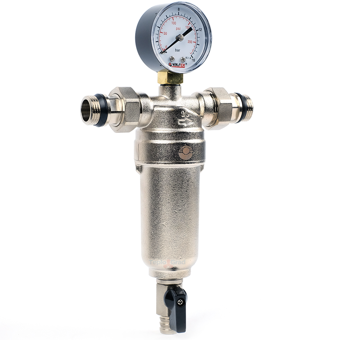 Самопромывной фильтр Valfex 1/2 с манометром и корпусом из ник. латуни Самопромывной фильтр Valfex 1/2 с манометром и корпусом из ник. латуни