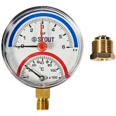 Термоманометр радиальный Stout 80 мм, 0-6 бар, 0-120C, подключение 1/2 Термоманометр радиальный Stout 80 мм, 0-6 бар, 0-120C, подключение 1/2
