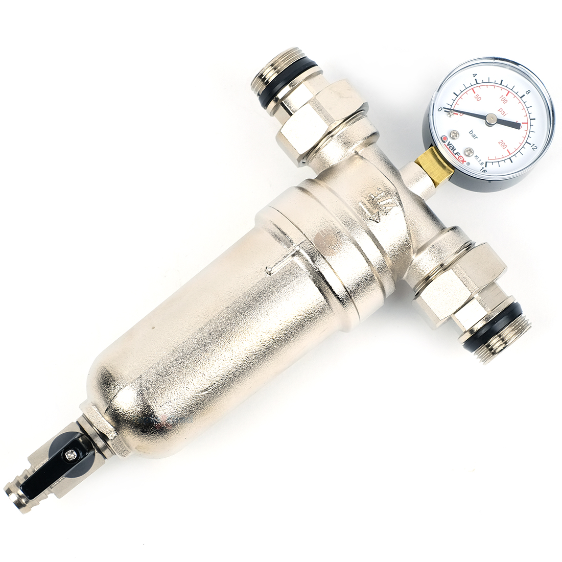 Самопромывной фильтр Valfex 3/4 с манометром и корпусом из ник. латуни Самопромывной фильтр Valfex 3/4 с манометром и корпусом из ник. латуни