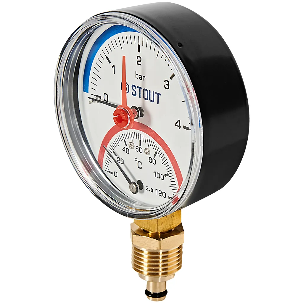 Термоманометр радиальный Stout 80 мм, 0-4 бар, 0-120C, подключение 1/2 Термоманометр радиальный Stout 80 мм, 0-4 бар, 0-120C, подключение 1/2