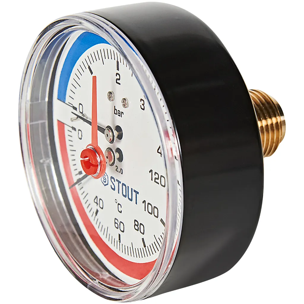 Термоманометр аксиальный Stout 80 мм, 0-4 бар, 0-120C, подключение 1/2 Термоманометр аксиальный Stout 80 мм, 0-4 бар, 0-120C, подключение 1/2