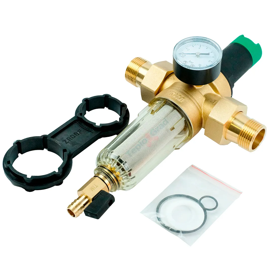 Самопромывной фильтр TIM 1 с редуктором, манометром и пластиковой колбой Самопромывной фильтр TIM 1 с редуктором, манометром и пластиковой колбой