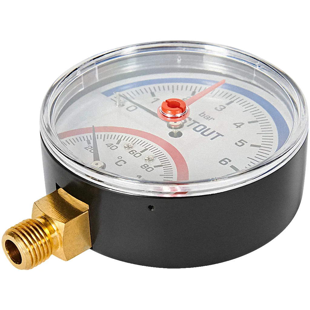 Термоманометр радиальный Stout 80 мм, 0-6 бар, 0-120C, подключение 1/2 Термоманометр радиальный Stout 80 мм, 0-6 бар, 0-120C, подключение 1/2