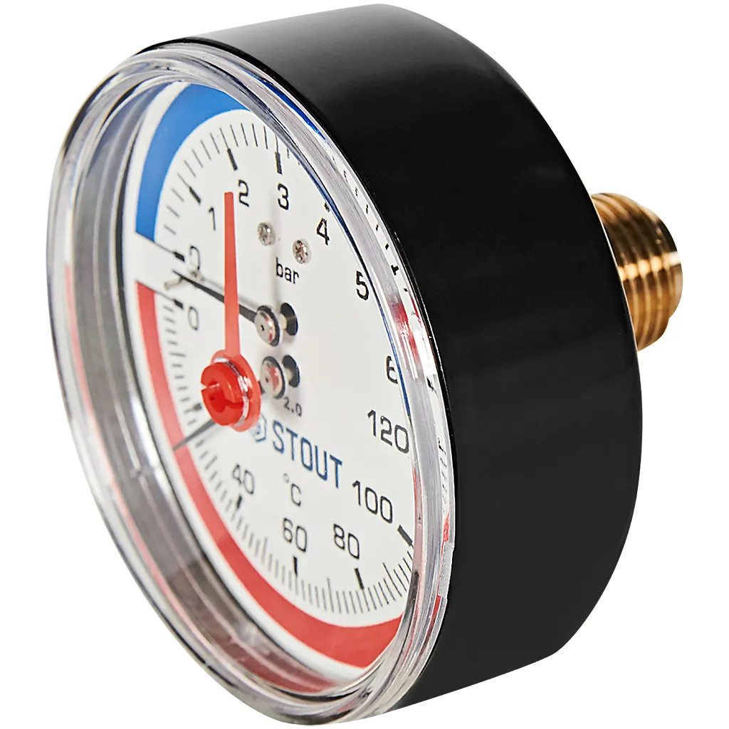 Термоманометр аксиальный Stout 80 мм, 0-6 бар, 0-120C, подключение 1/2 Термоманометр аксиальный Stout 80 мм, 0-6 бар, 0-120C, подключение 1/2