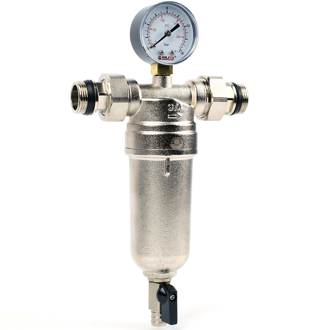 Самопромывной фильтр Valfex 3/4 с манометром и корпусом из ник. латуни Самопромывной фильтр Valfex 3/4 с манометром и корпусом из ник. латуни