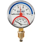 Термоманометр радиальный Stout 80 мм, 0-10 бар, 0-120C, подключение 1/2 Термоманометр радиальный Stout 80 мм, 0-10 бар, 0-120C, подключение 1/2